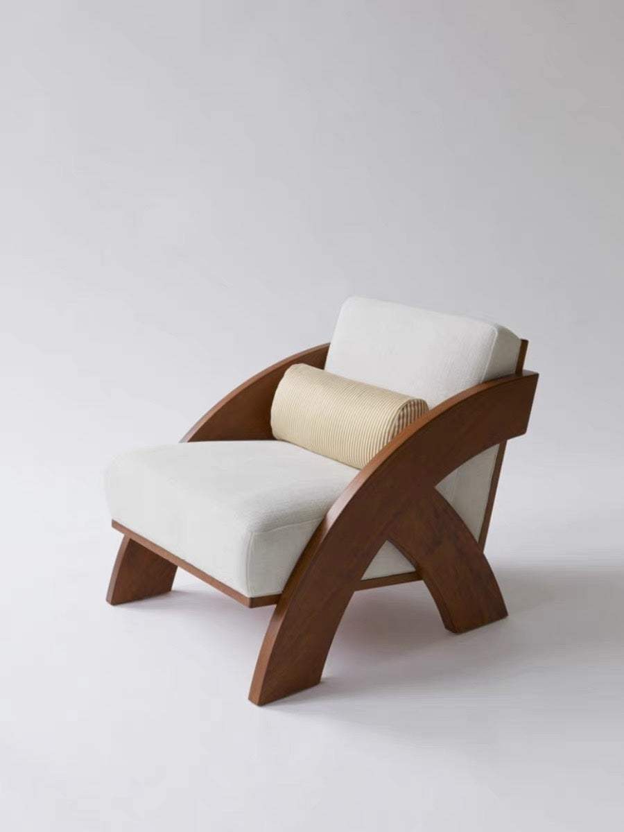 Nordic Minimalist Wooden Lounge Chair – Wabi-Sabi Style Accent Chair with Striped Upholstery, Mid-Century Modern Single Seater for Living Room, Café, Hotel
