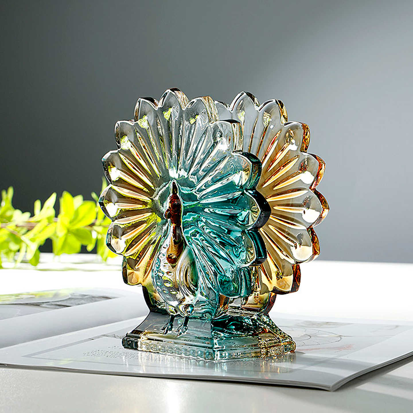 Peacock Crystal Glass Napkin Holder, Embossed Art Glass Tissue Box with Emerald & Gold Accents, Decorative Table Centerpiece Gift