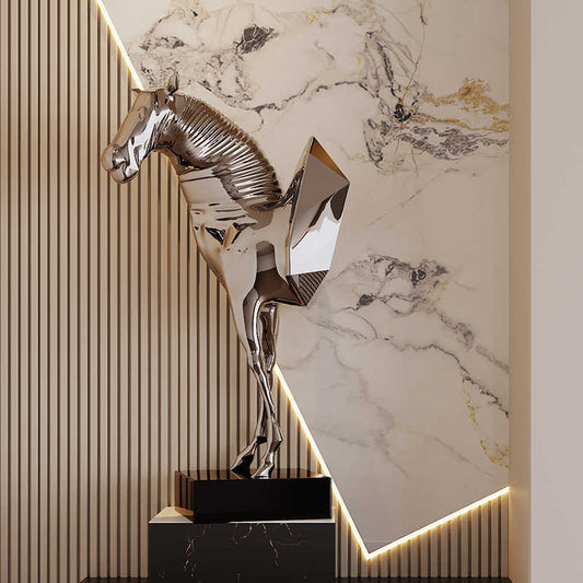 Luxury Silver Horse Head Sculpture, Modern High-End Large Floor Art for Foyer, Hotel, Staircase, Statement Decor