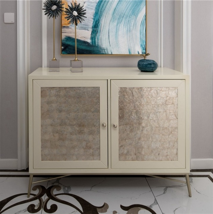 Luxury Shell Inlay 2-Door Entryway Cabinet – High-End Modern Slim Sideboard, Pearl Accent Partition Shoe Storage Buffet