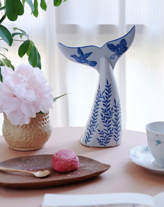 Blue and White Porcelain Whale Tail Sculpture, Asian Ceramic Fish Tail Art for Prosperity, Traditional New Asian Style Home Decor