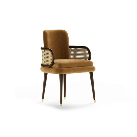 Nordic Luxury Cane Dining Chair – Mid-Century Modern Velvet Upholstered Armchair with Rattan Back, Designer Restaurant Chair for Hotel, Café, Home Dining
