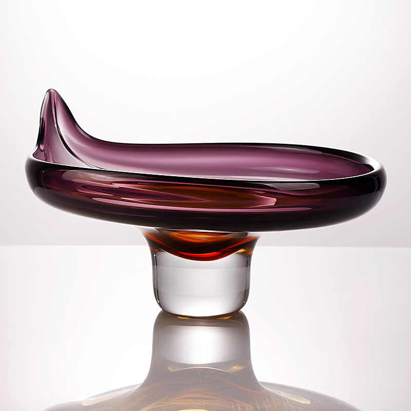 Minimalist Luxury Art Glass Pedestal Fruit Bowl, Handcrafted Purple-Amber Gradient Serving Dish with Organic Wave Design, Modern Desktop Centerpiece
