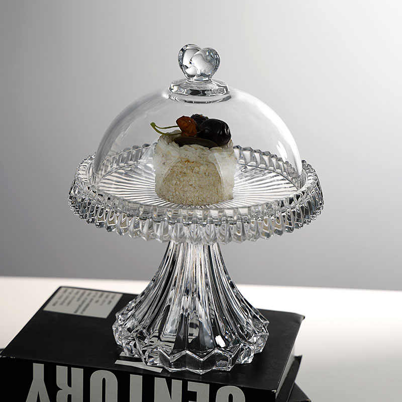 Premium Crystal Glass Cake Stand with Dome Cover, Ribbed Pedestal Dessert Plate for Cakes & Pastries, Clear Glass Cloche Server