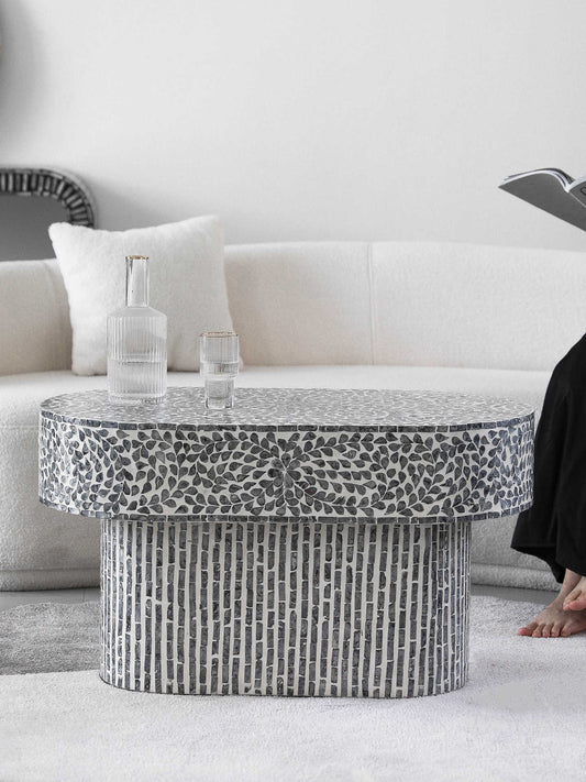 Vintage Gray Oval Coffee Table, Designer Statement Living Room Center Table for Sofa, Modern Shell Inlay Accent