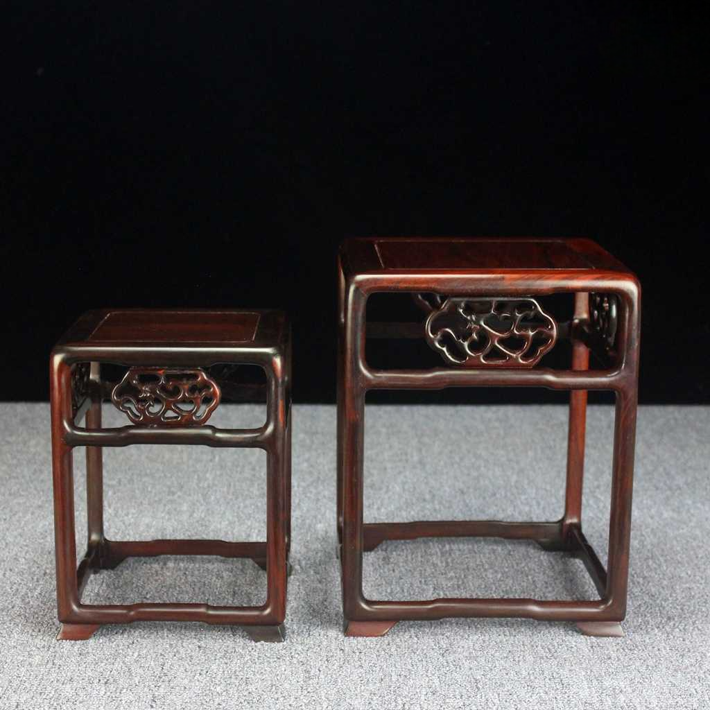 Set of 2 Rosewood Plant Stands, Small Square Pedestal Tables with Hand-Carved Motifs, Solid Wood Bonsai Display Rack