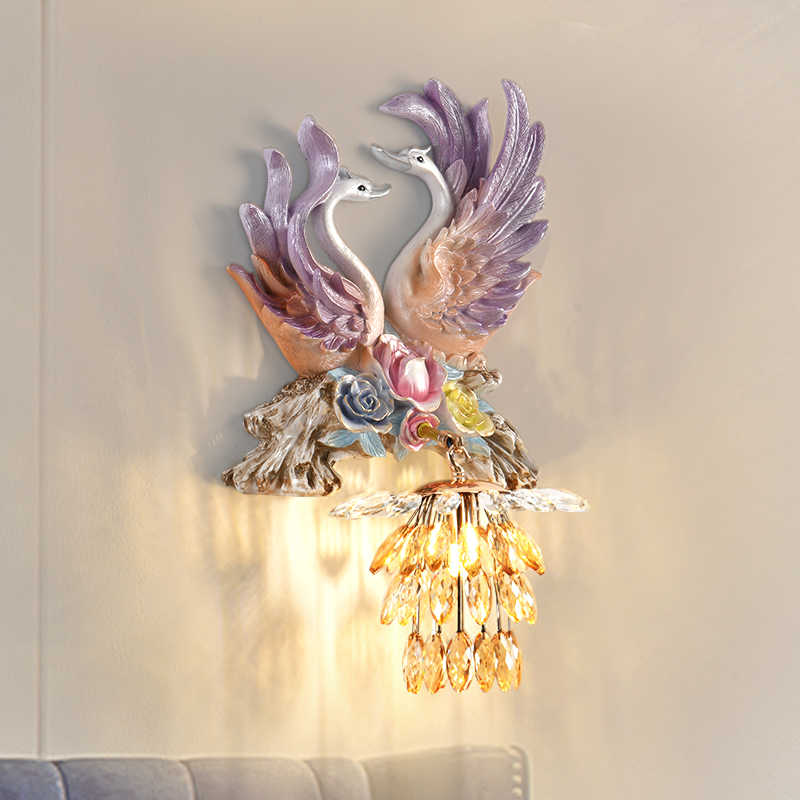 Purple Swan Wall Sconce Set – Luxury Resin and Crystal Wired Wall Lamp for Living Room, Bedroom, and Artistic Accent Walls