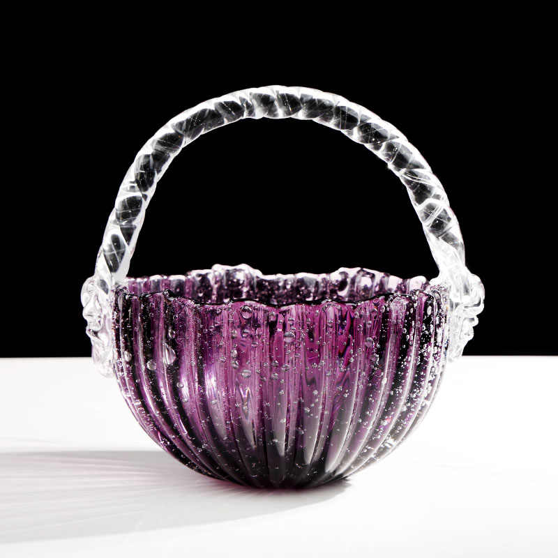 Creative Purple Bubble Glass Fruit Basket with Handle, Luxury Ribbed Crystal Serving Bowl for Living Room Storage, Decorative Art Craft Piece