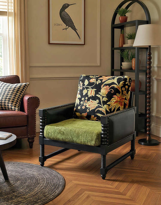 Vintage Solid Wood Leisure Chair – Jacquard Floral Designer Single Sofa, Living Room/Balcony/Small Apartment
