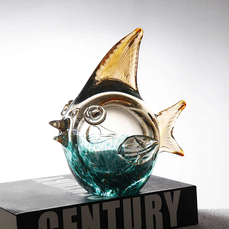 Cute Blown Glass Bubble Fish Figurine, Handcrafted Living Room Entryway TV Cabinet Home Decor, Housewarming Gift