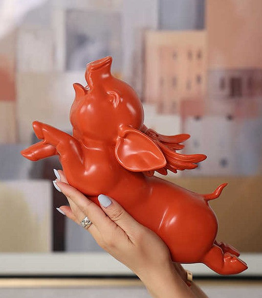 Orange Flying Pig Sculpture, Lucky Resin Winged Pig Figurine for Home Decor, Modern Table Ornament for Prosperity & Good Fortune