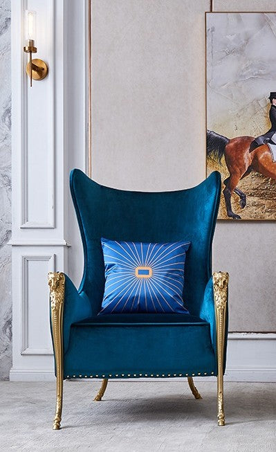 Luxury Royal Blue Velvet Wingback Chair – Baroque High-Back Armchair with Gold Legs, Premium Accent Chair for Living Room