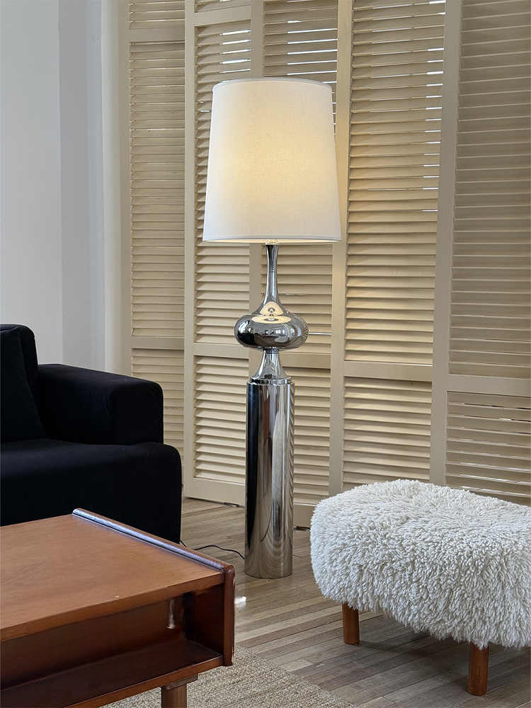 Classic Chrome Ball Floor Lamp, Retro Minimalist Luxury Standing Light with White Fabric Shade for Living Room or Bedroom