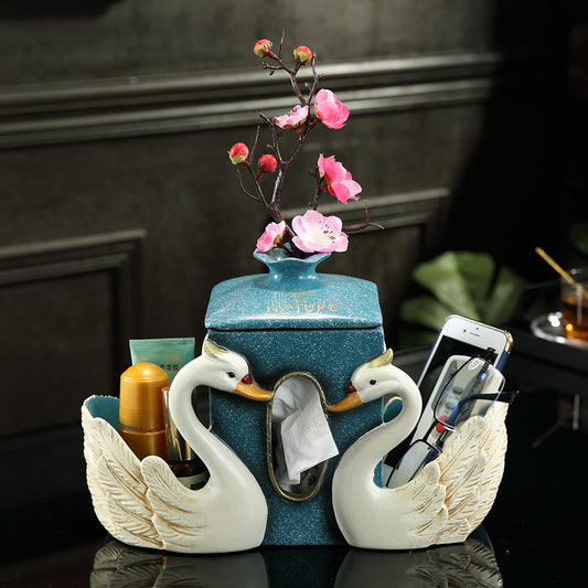 Swan Tissue Box – Beige Resin Napkin Holder with Flower Vase, Elegant Romantic Storage for Living Room, Table, Entryway