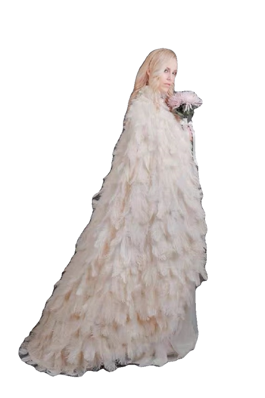 White Ostrich Feather Long Cape – Dramatic Floor-Length Trailing Cloak for Stage, Runway, Adult Model or Costume