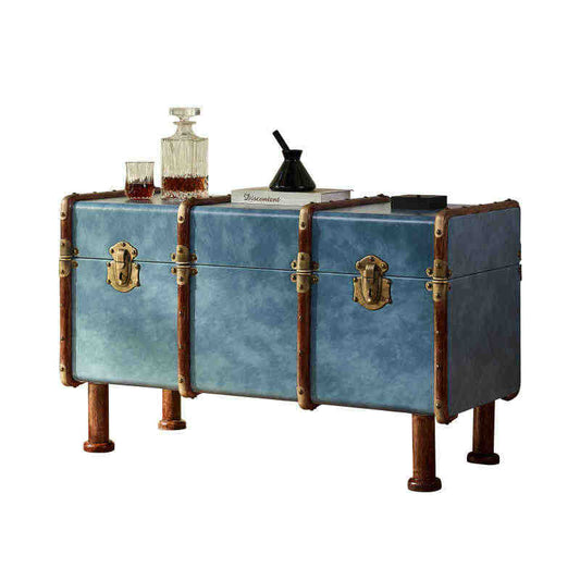 Vintage French Steamer Trunk Console Table – Distressed Blue Leather & Brass Hardware Storage Trunk on Wooden Legs, Classic Travel-Inspired Furniture