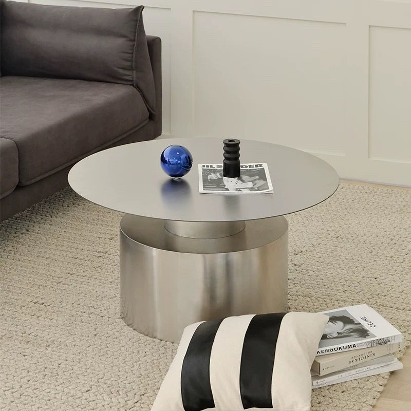 Designer Brushed Stainless Steel Coffee Table Set, Modern Luxury Metal Round Sofa Side Table, Minimalist Living Room Combination (Small & Large)