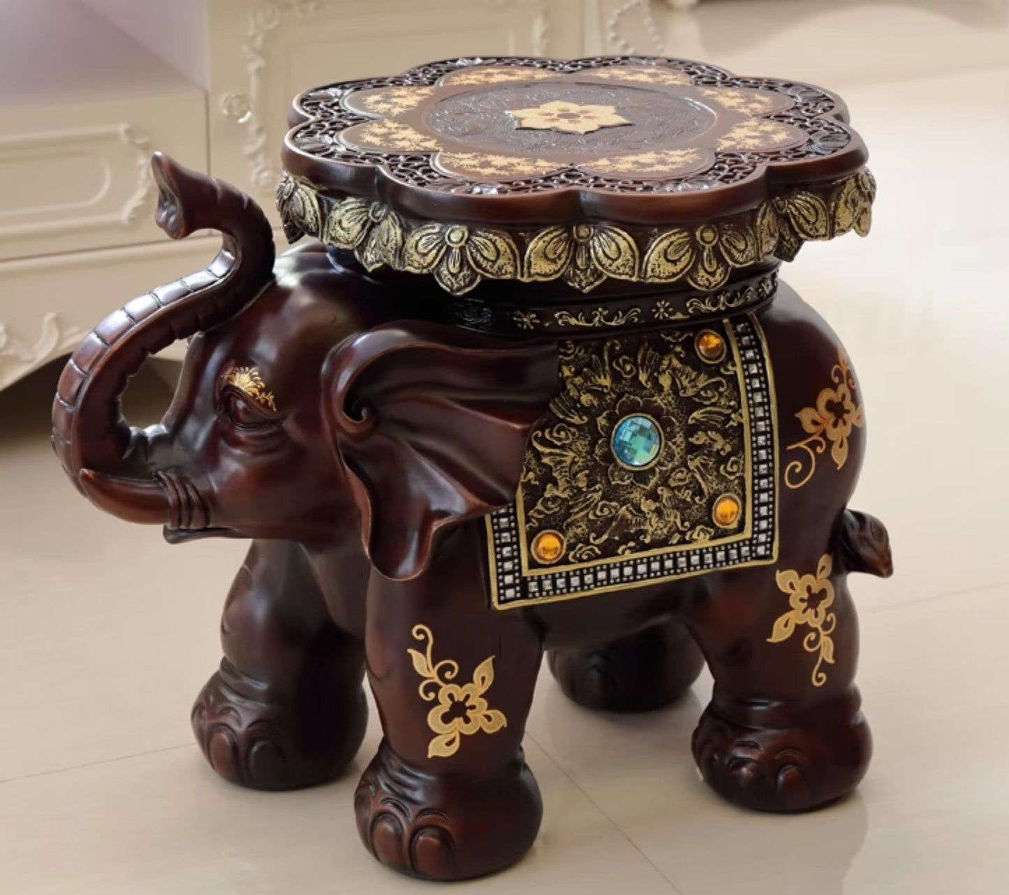 Creative Elephant Stools Set, European Style Shoe Changing Stools, Living Room Fortune Decorative Ornaments, Housewarming Gift - Wood-Grain Finish Set (Trunk Up + Trunk Down)