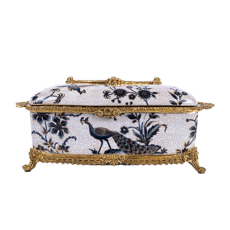 Peacock Porcelain and Brass Tissue Box, Luxury Gilded Tissue Holder for Living Room, Coffee Table, and Elegant Home Decor