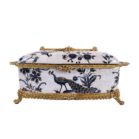 Peacock Porcelain and Brass Tissue Box, Luxury Gilded Tissue Holder for Living Room, Coffee Table, and Elegant Home Decor
