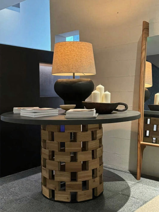Solid Walnut Round Dining Table – French Mid-Century Modern Woven Base Design, Premium Designer Restaurant Table for Home and Commercial Use