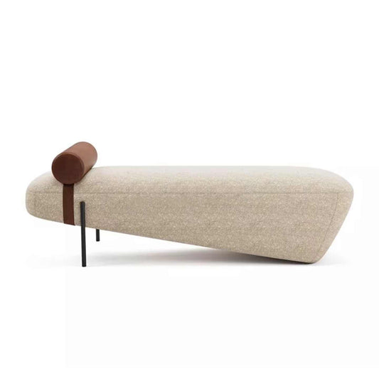 Nordic Minimalist Solid Wood Upholstered Bench, Wabi-Sabi Style Long Ottoman with Boucle Fabric and Leather Bolster, Modern Entryway Shoe Bench