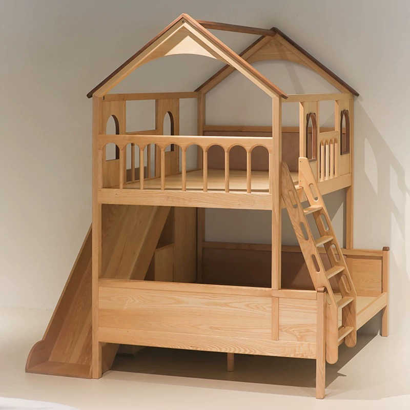 Solid Wood House Bunk Bed with Slide – Twin Over Full Playhouse Kids Bed, Natural Wood Children's Bedroom Furniture, Multi-Function Loft Bed for Boys and Girls