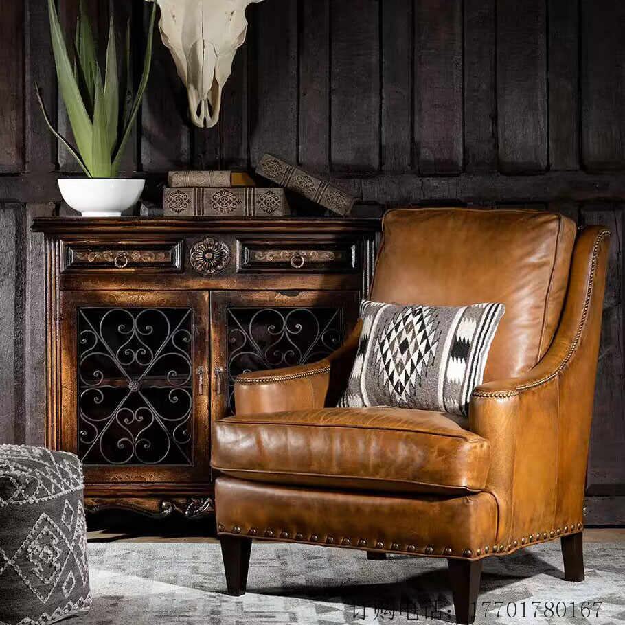 American Luxury Country Wingback Chair – Classic High-Back Armchair with Premium Top-Grain Leather, Traditional European-Style Living Room Furniture