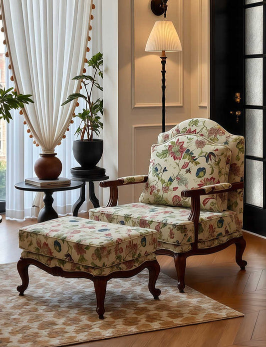 Vintage Floral Tiger Chair Set – Solid Wood Armchair and Ottoman, Retro Lounge for Living Room, Balcony