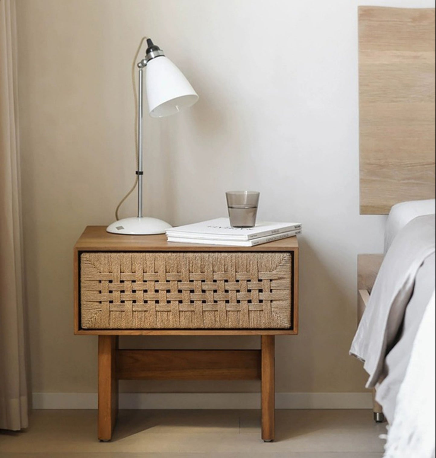 Solid Wood Rope-Woven Nightstand, Minimalist Living Room Bedside Table – Fully Assembled