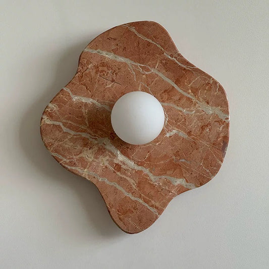 Natural Coral Red Marble Flower Wall Lamp, Modern Vintage Living Room/Bedroom/Entryway Designer Accent Light