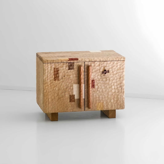 Hammered Solid Wood Sculptural Nightstand, Luxury Retro Carved Texture Bedside Storage Cabinet – Fully Assembled