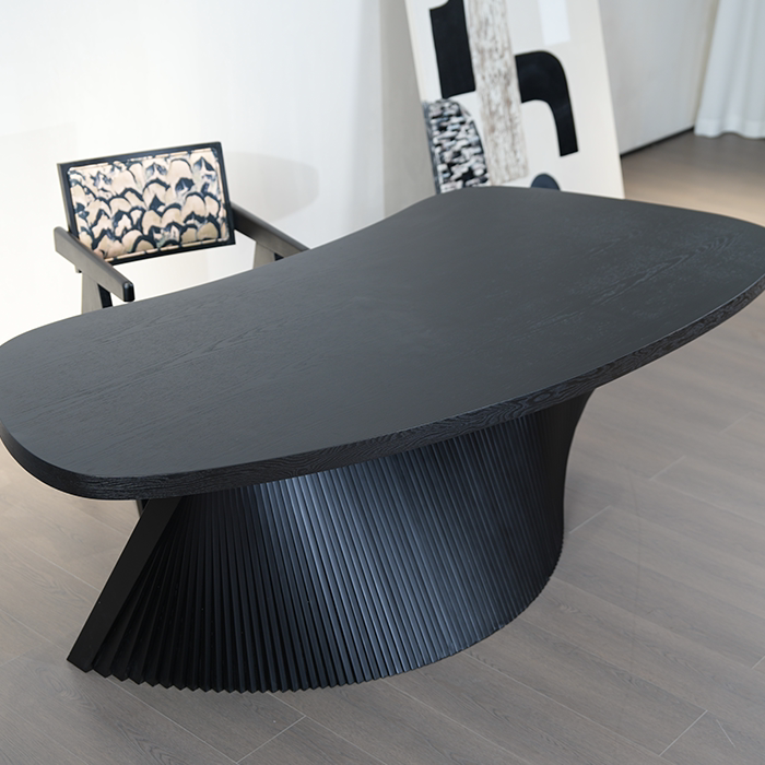 Italian Minimalist Designer Executive Desk – Modern Asymmetric Black Office Table, Luxury Home Study Workstation, Curved Wood Conference Table for Office or Home