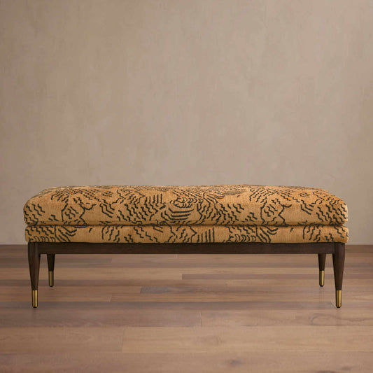 French Vintage Tiger Mountain Pattern Bench, Designer Hotel-Style End-of-Bed Bench with Dark Wood Frame, Mid-Century Long Upholstered Ottoman