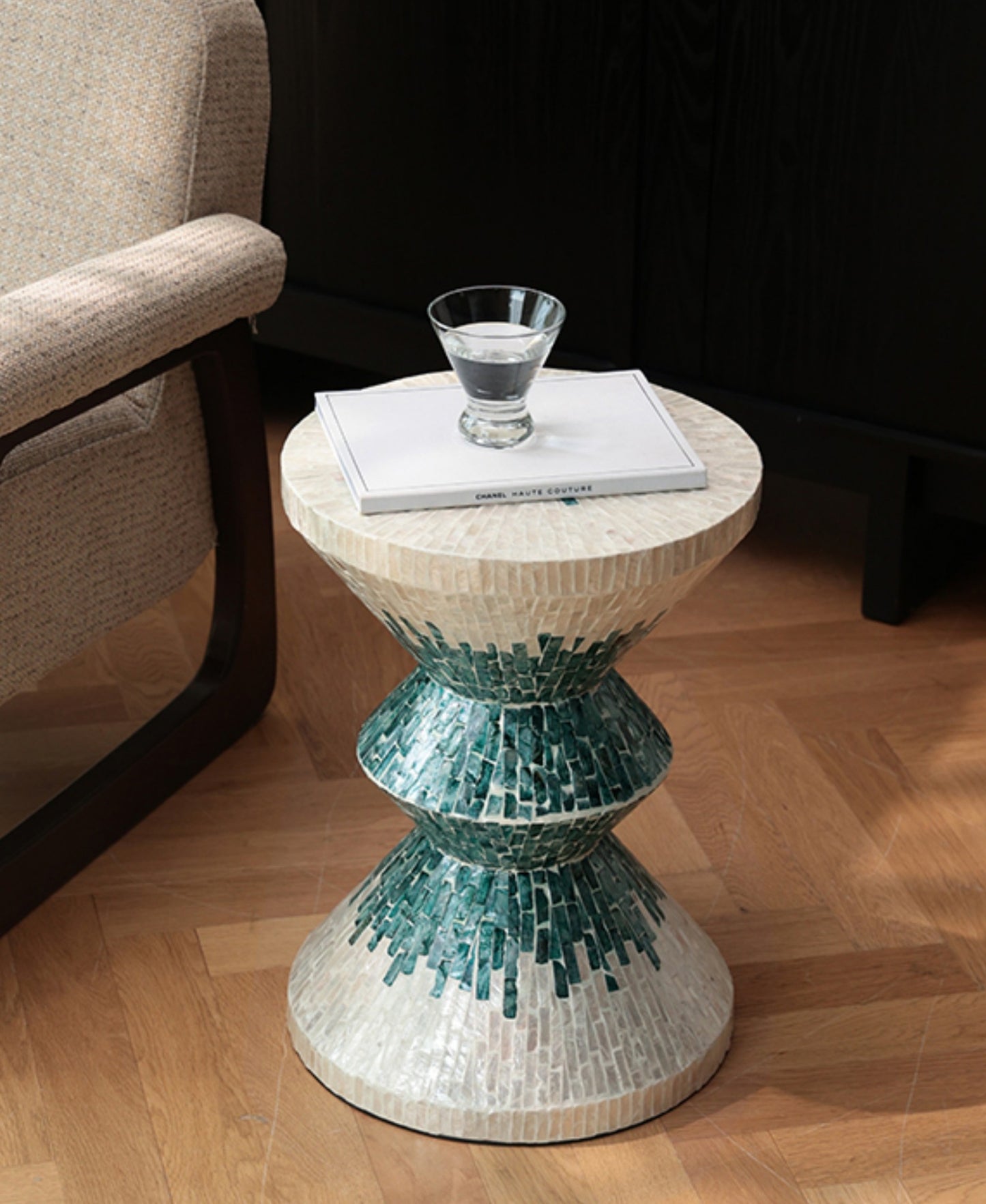 Luxury Shell Mosaic Garden Stool, Turquoise Green Mother of Pearl Ceramic Side Table, Tropical Style Accent Stool