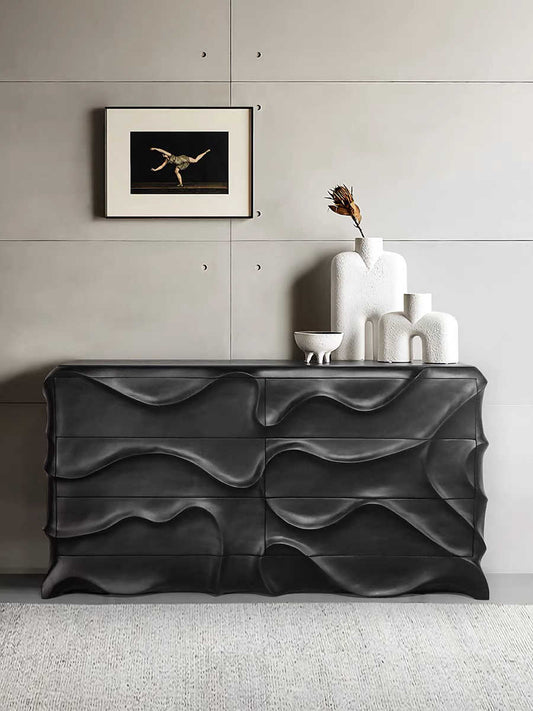 Eastern Wabi-Sabi Sculptural Wave Sideboard – Modern Asian Style Fluid Black Console Cabinet, Luxury Artistic Storage Dresser for Living Room and Entryway
