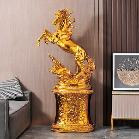 Oversized Gold Rearing Horse Sculpture with Ornate Pedestal – Luxury Resin Decor, Grand Hotel Lobby and Living Room Statement Gift