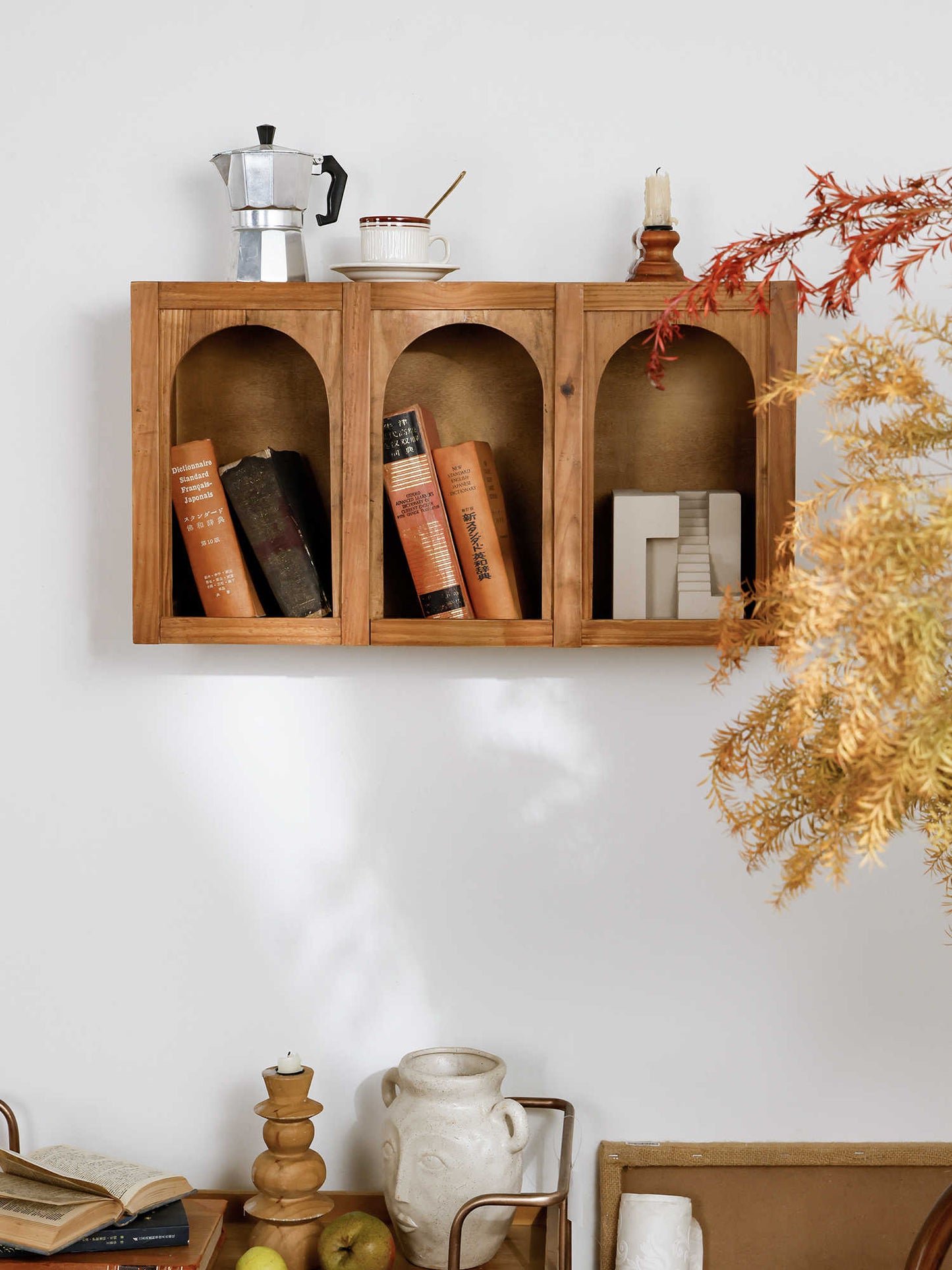 Rustic 3-Cube Wooden Wall Shelf, Vintage Natural Wood Display Rack, Multi-Compartment Storage Organizer, Kitchen Cup Holder, Living Room Entryway Hanging Cabinet