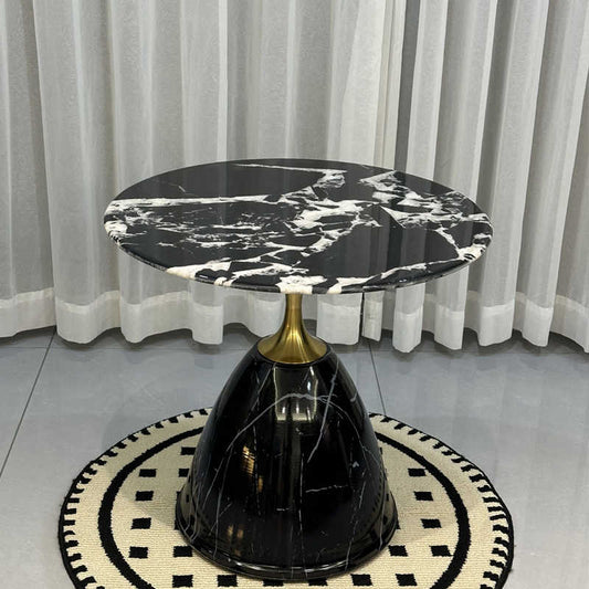 Luxury Nero Marquina Marble Side Table – Modern Round Accent Table with Gold Brass Base, Contemporary Living Room Furniture
