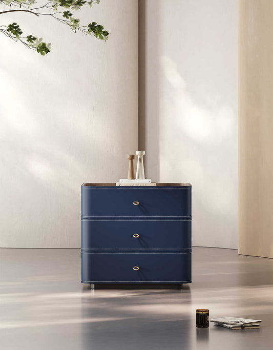 Modern Luxury Minimalist Navy Blue Bedside Table, Style 3-Drawer High-End Nightstand for Bedroom, Designer Creative Bedside Cabinet