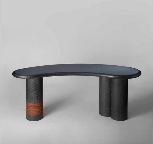 Vintage Solid Wood Designer Curved Writing Desk, Modern Black Artistic Office Table for Home, Studio, Creative Workspace