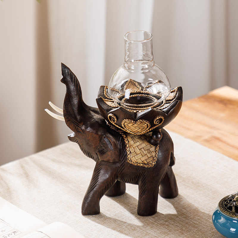 Thai Hand-Carved Wooden Elephant Candle Holder, Lotus Flower Design Aromatherapy Candlestick for Home Decor & Dining Ambiance