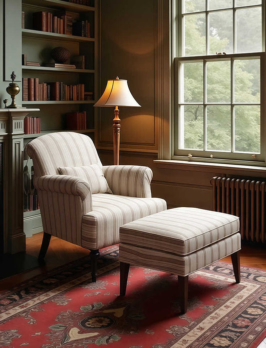 Vintage High-Back Tiger Armchair & Ottoman Set – Retro Striped Single Sofa for Living Room, Balcony, Homestay, or Study