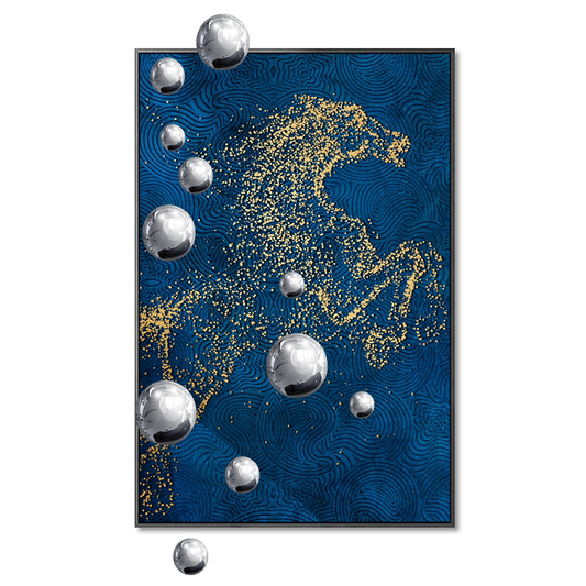 Luxury Blue and Gold Horse Canvas Wall Art with 3D Metal Spheres, Large Abstract Decorative Painting for Office Entrance or Living Room