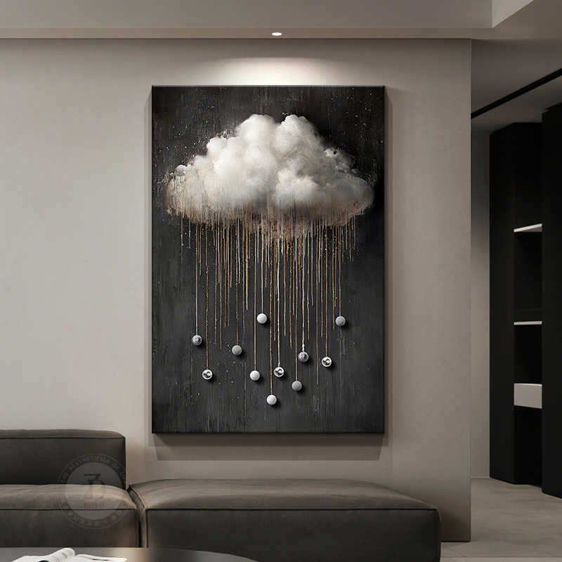 Luxury Black Abstract Cloud Wall Art – Modern Living Room Decorative Painting, Textured Entrance Hallway Sofa Backdrop Matte Micro-Spray, Aluminum Frame