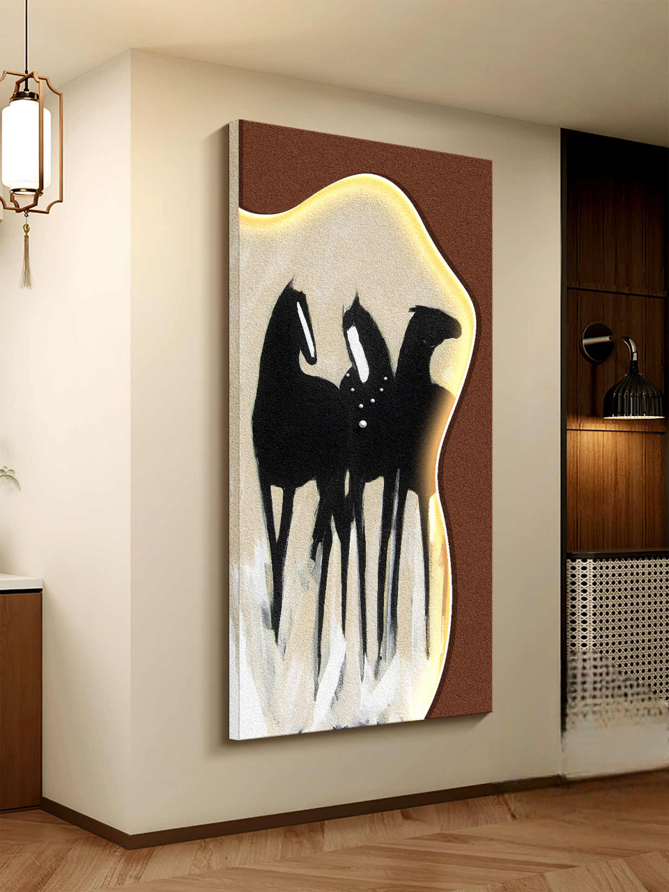 New Sandstone Relief Horse LED Wall Art – “Success Upon Arrival” Entryway Mural, Vintage, 3D Embossed with Sound/Recharge Control