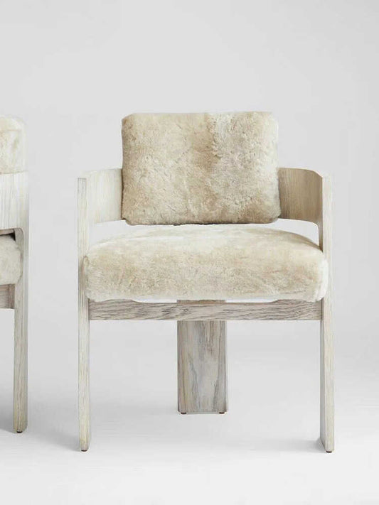 Modern Nordic Designer Dining Chair, Solid Wood Single Lounge Chair with Plush Faux Shearling Upholstery, White Vintage Accent Armchair