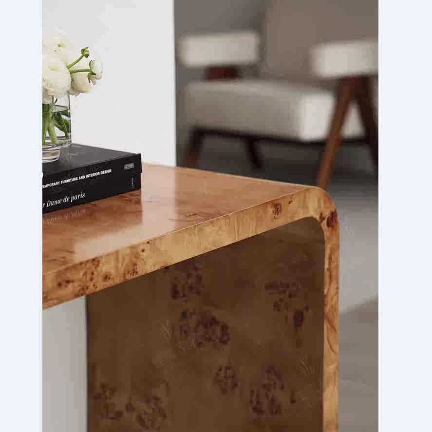 Luxury Burl Wood Console Table with Curved Waterfall Design, French Vintage Style Entryway Table for Hotels & B&Bs, Natural Wood Grain Hall Display Table,