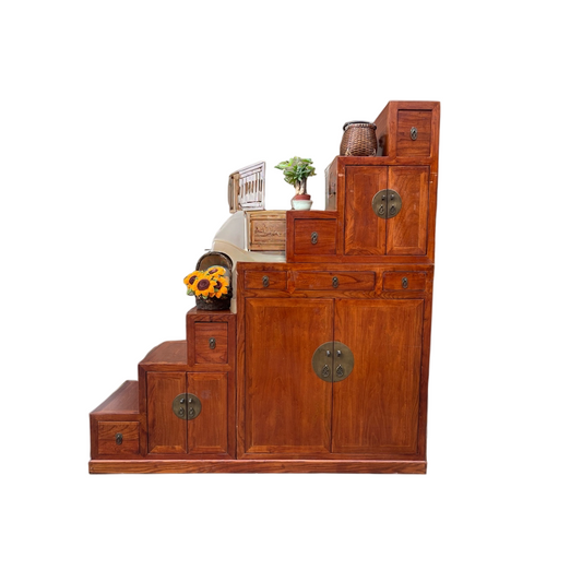 Light Brown Solid Wood Step Cabinet, Chinese Style Stair-Step Storage Cabinet, Vintage Inspired Room Divider with Drawers and Doors for Living Room, Entryway, Hallway, Display, Books, and Home Storage