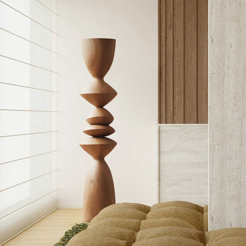 Large Abstract Solid Wood Floor Sculpture – Modern Minimalist Entryway, Hotel Lobby & Corridor Art Pedestal